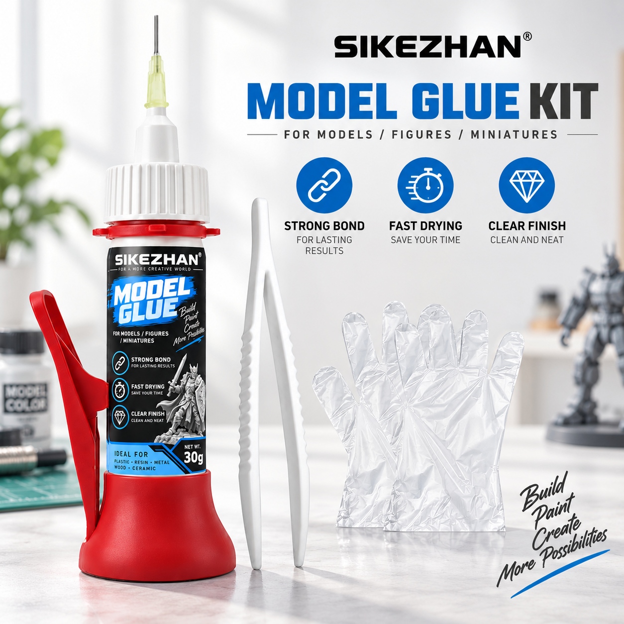Model Kit Figures - SIKEZHAN モデル用接着剤 30g。精密な針状の接着剤と、ミニチュアフィギュア、プラスチック、樹脂、金属、木材などに使用できるピンセットと手袋がセットになったキット。