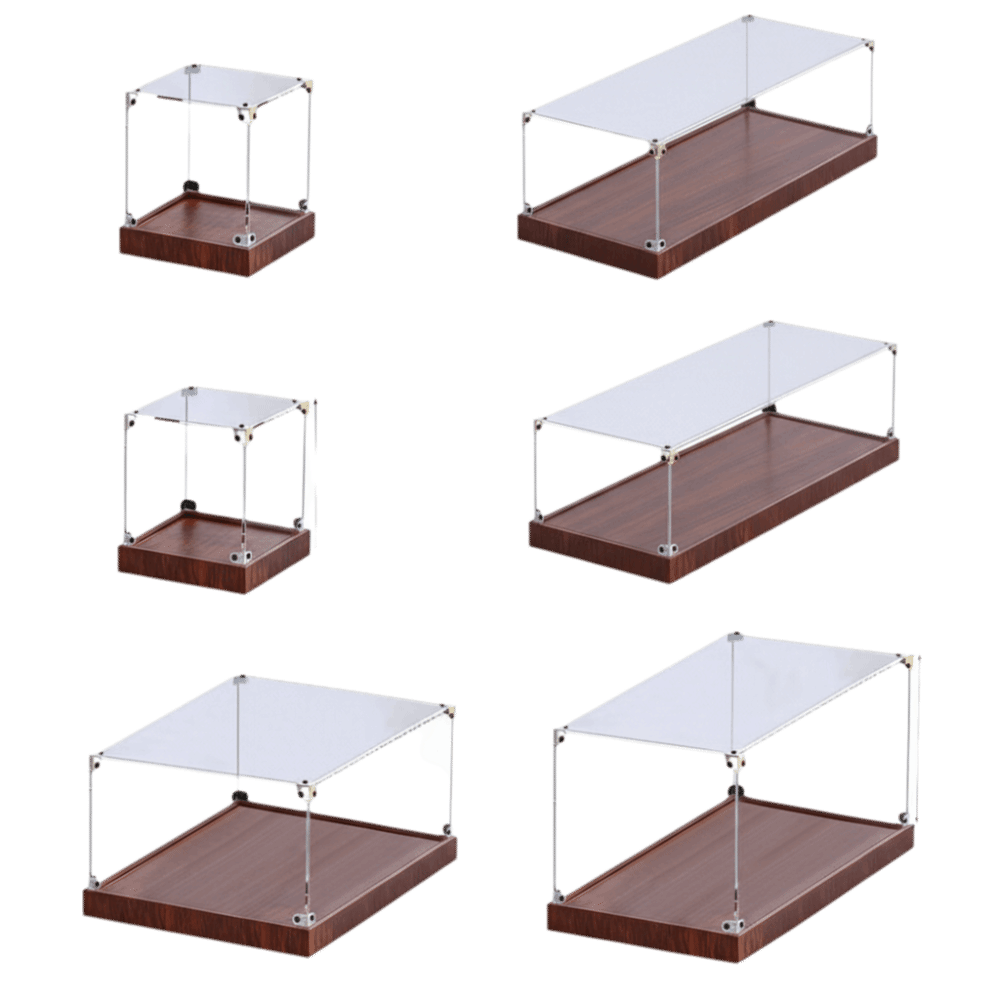 Model Kit Display Case - 透明アクリル製ディスプレイケース。積み重ね可能なデザインで、接着剤不要の組み立て式。模型展示用、木製底板付き、収納ボックスとしても使用可能。